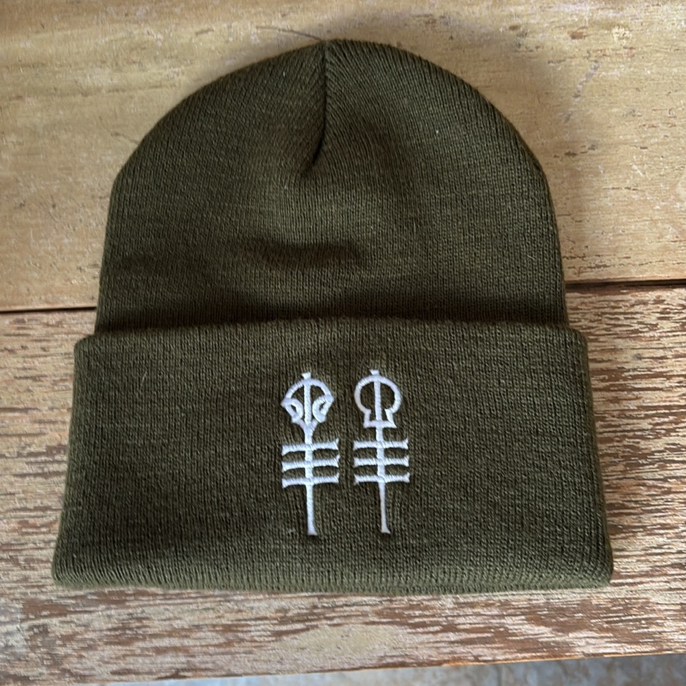 Olive Green Beanie with Embroidered Design